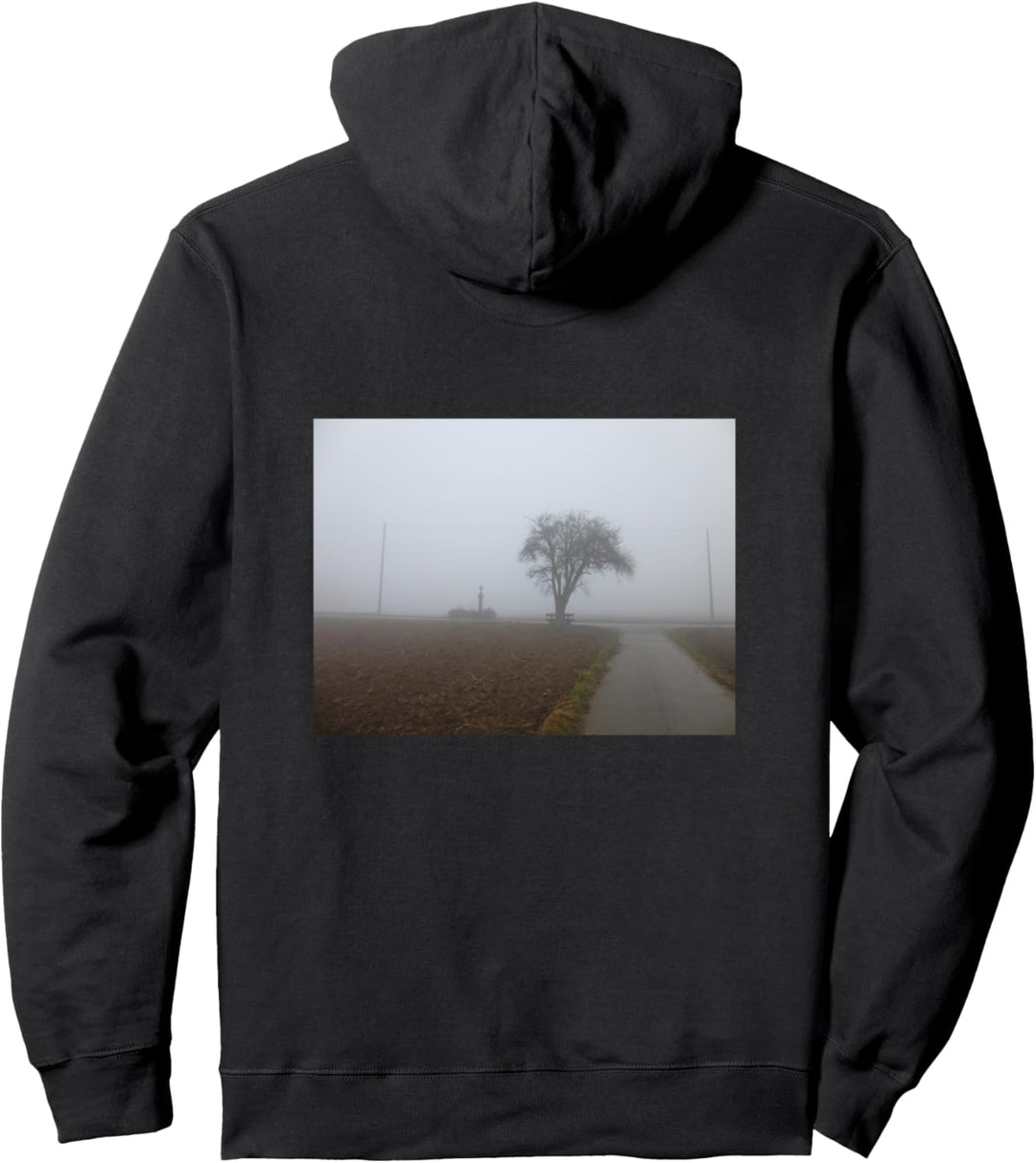 Wegkreuz und Baum im Nebel - Herbst Bild Pullover Hoodie