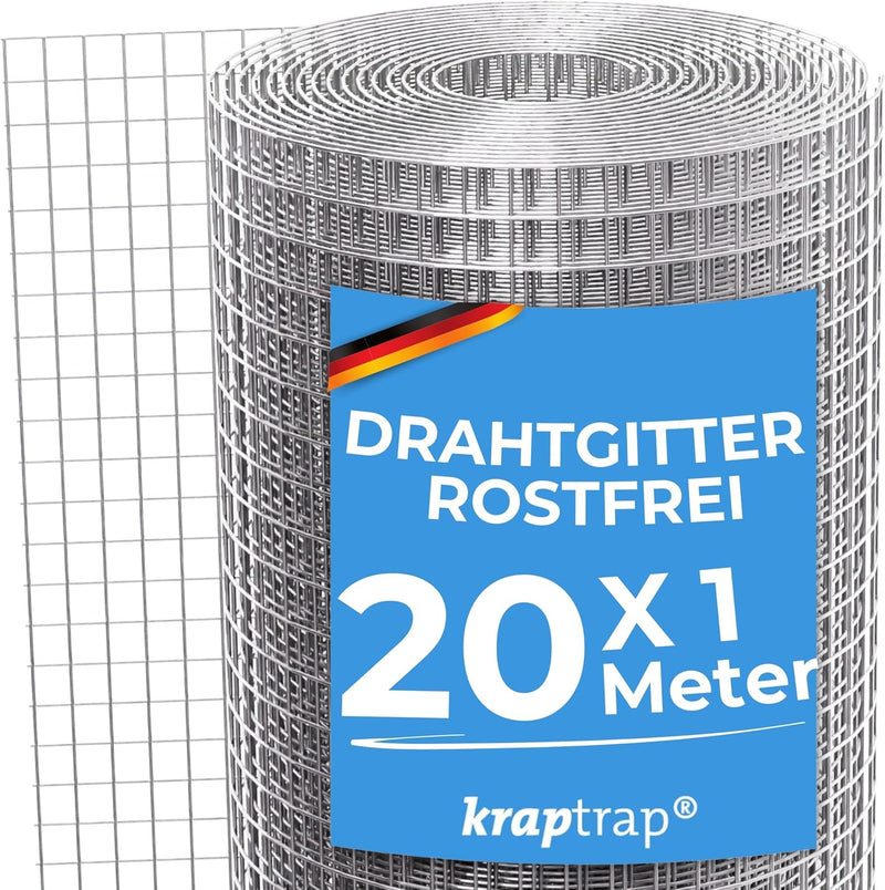 KrapTrap Volierendraht Drahtgitter I verzinkt I 20 m x 1 m I 12x12 mm I stabiler Kaninchendraht I Wü