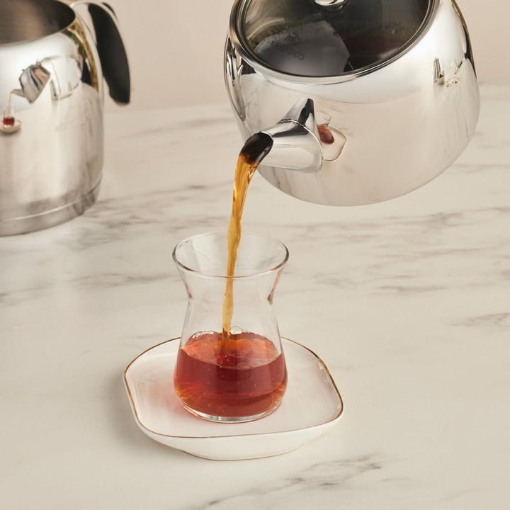 Karaca Stelly Teekannen-Set aus Edelstahl 304 (18/10), 2-teilig, 1 L + 2 L, Glasdeckel, induktionsge