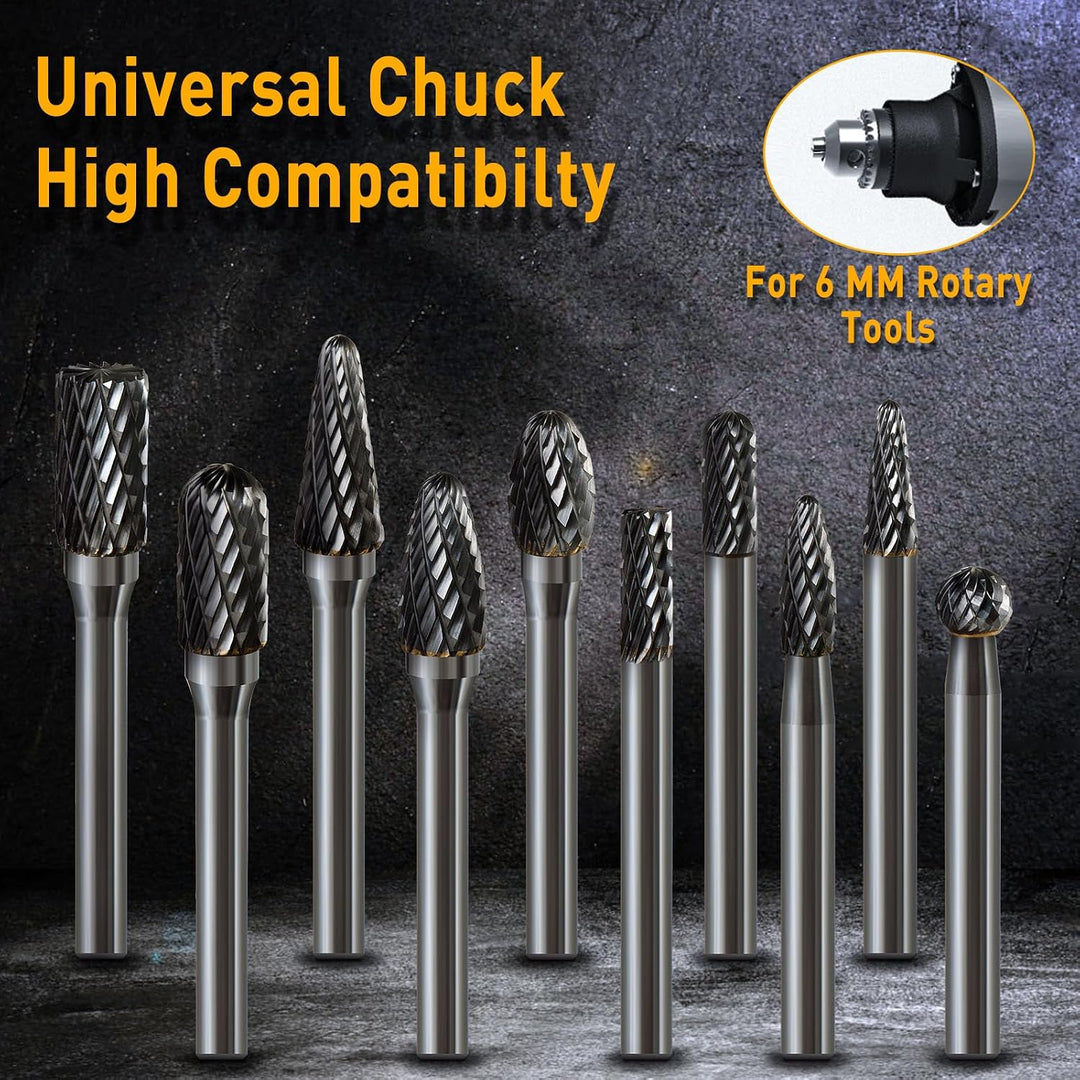 Hartmetall Frässtifte Set, 10 Stück Doppelschnitt mit 6mm Schaft Rotationsfräser Bits Raspel Set für