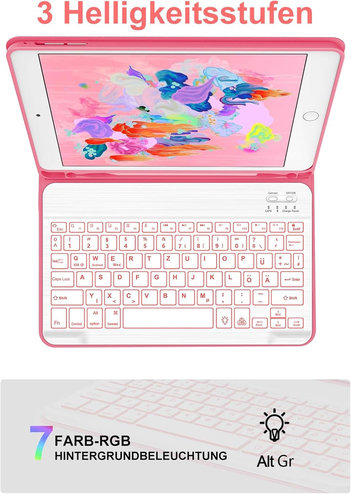 JADEMALL Für iPad 6. Generation Hülle mit DE Tastatur, Abnehmbare Bluetooth Tastatur mit 7-Farben Ba