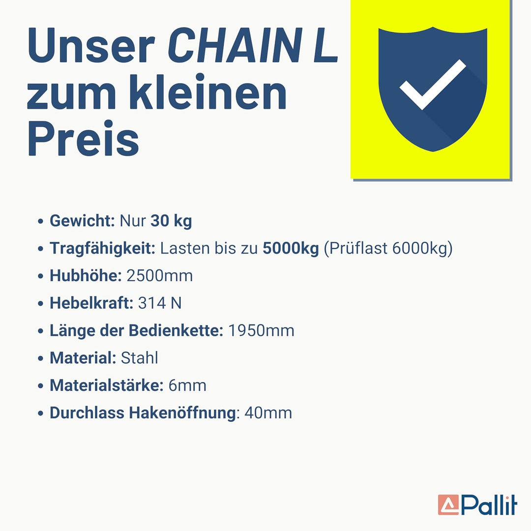 Pallit Flaschenzug 5000 kg Tragkraft CHAIN-L Kettenzug mit 2,5 m langer Stahlkette Robuster Seilzug