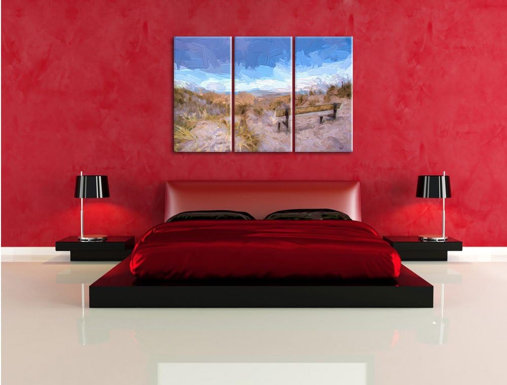 Pixxprint Bank in den Dünen mit Blick auf das Meer Kunst Pinsel Effekt 3-Teiler Leinwandbild 120x80