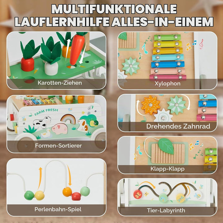 Labebe Lauflernwagen Holz,Baby Lauflernhilfe mit gummierten Holzrädern und Activity Center, Gehfrei