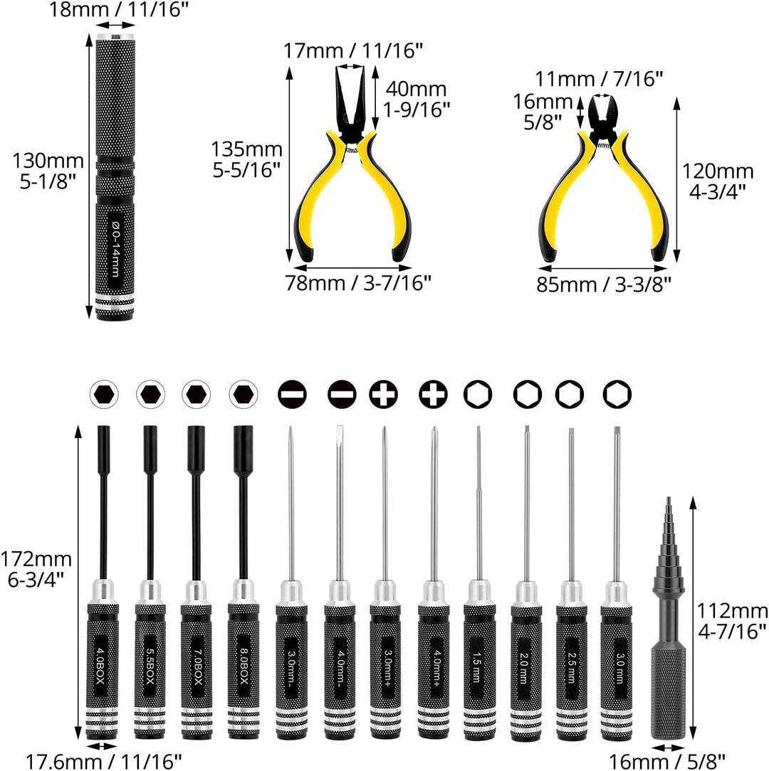 QWORK® 18 in 1 RC Werkzeugsatz, RC Werkzeug set, für RC Autos, Boote, Renndrohnen, Roboter 18pcs, 18