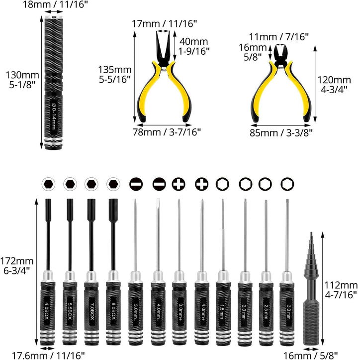 QWORK® 18 in 1 RC Werkzeugsatz, RC Werkzeug set, für RC Autos, Boote, Renndrohnen, Roboter 18pcs, 18
