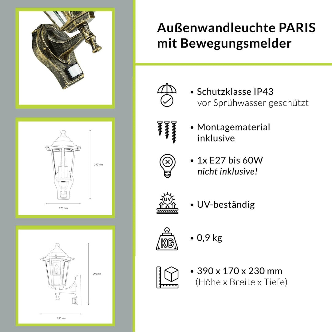 Licht-Erlebnisse Aussenwandleuchte mit Bewegungsmelder Glas Aluminium in Gold Antik IP44 Balkon B:17
