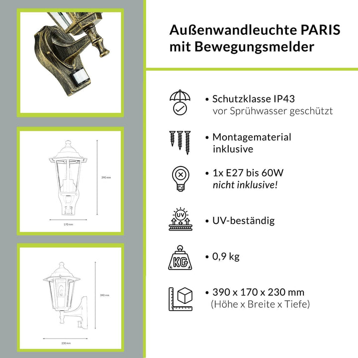 Licht-Erlebnisse Aussenwandleuchte mit Bewegungsmelder Glas Aluminium in Gold Antik IP44 Balkon B:17
