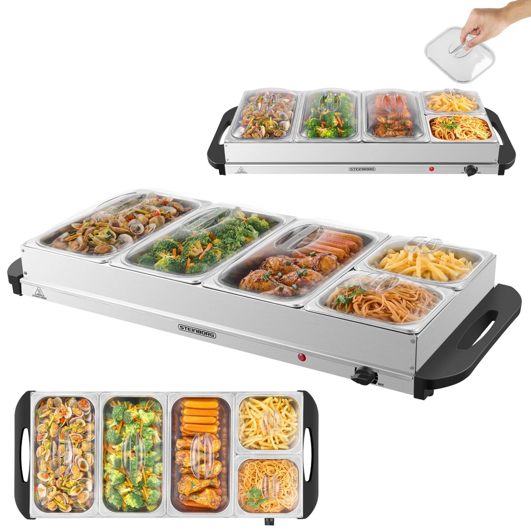 Steinborg® Buffetwärmer XXL elektrische Warmhalteplatte mit Deckel Speisewärmer 450 Watt 5 Speisebeh