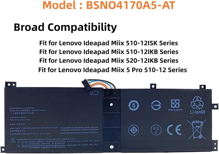 PUGASR BSNO4170A5-AT Laptop Akku Kompatibel mit Lenovo Miix 510 510-12ISK 510-12IKB 520 520-12IKB Se