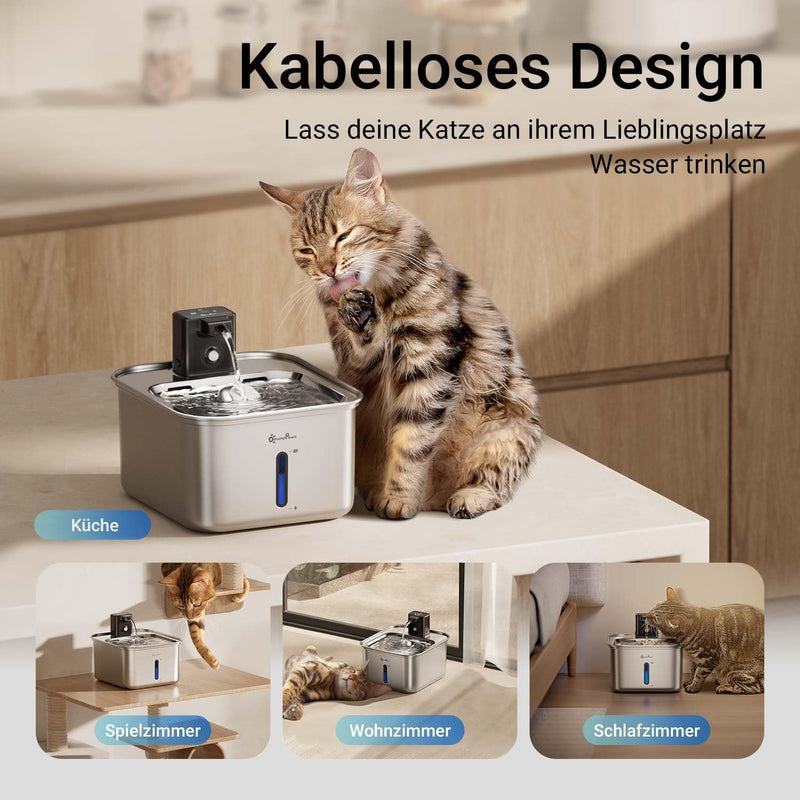 DownyPaws Katzenbrunnen Edelstahl Kabellos, Trinkbrunnen für Katze Edelstahl mit Bewegungsmelder und