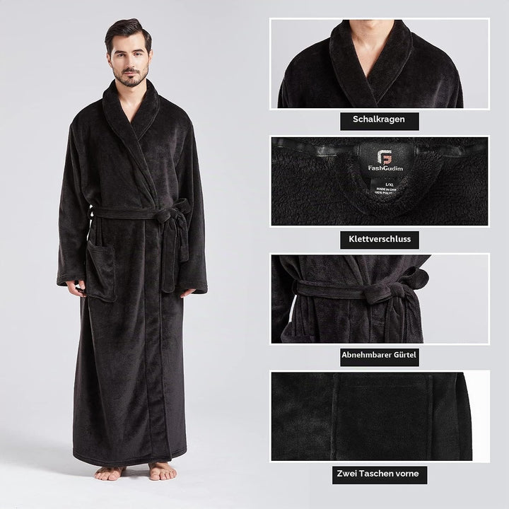 FashGudim Herren Bademäntel gross und gross in voller Länge Plüsch Fleece lange Robe Schal Kragen wa