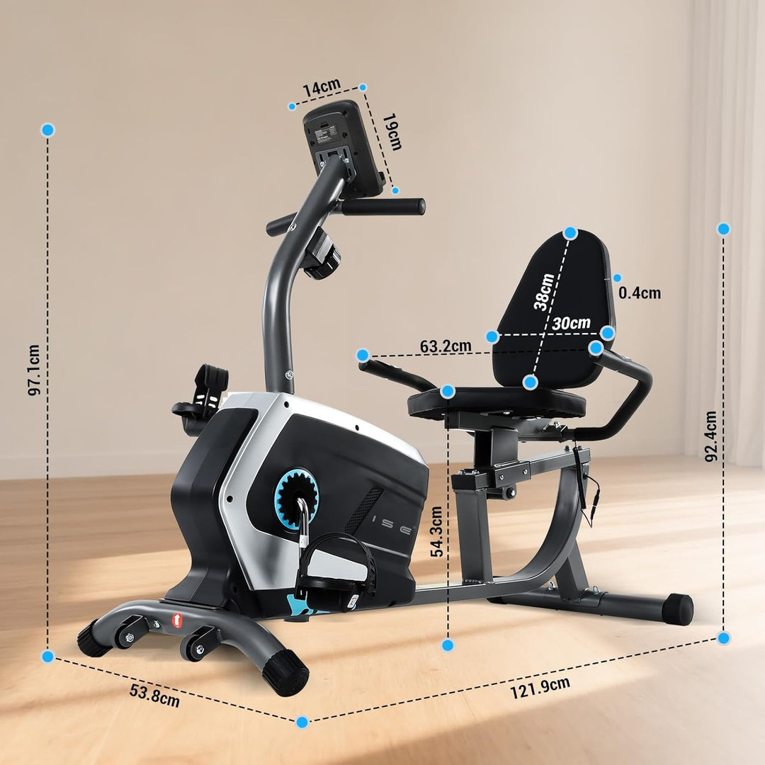 ISE Ergometer Liege- Heimtrainer mit Magnetbremse, Pulssensoren und LCD-Display, 8 Widerstandsstufen