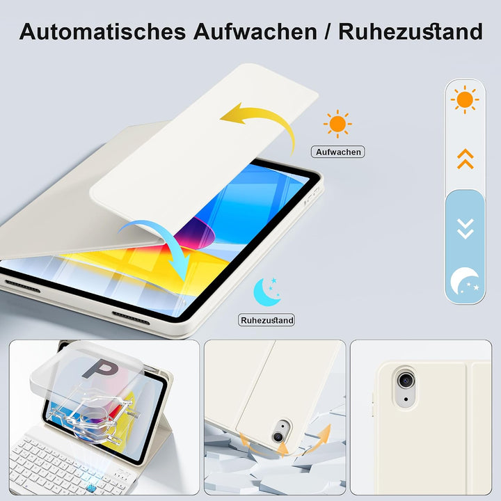 Tastatur Hülle für iPad A16 11. Gen/iPad 10. Gen, QWERTZ, Cremeweiss | Kabellose Magnetische Tastatu