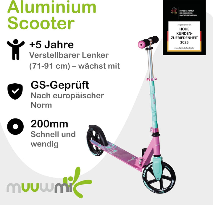 muuwmi Aluminium Scooter – Tretroller, 200 mm, ABEC 5, GS-geprüft, höhenverstellbar, XL-Deck, pink-t