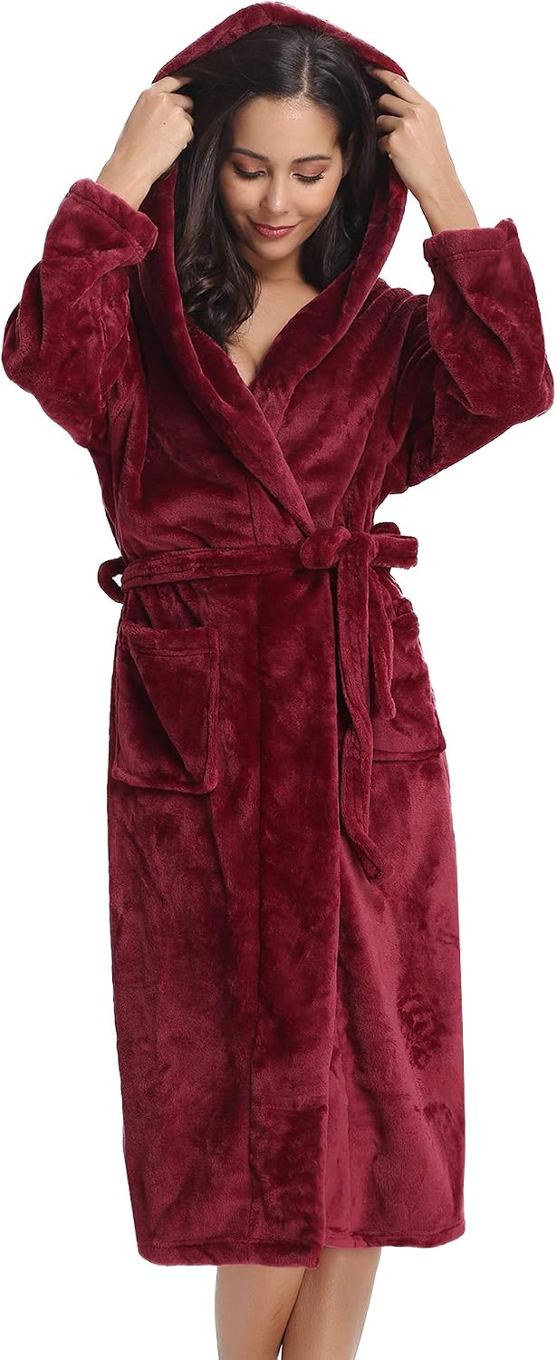 Vlazom Damen Winter Bademantel Flanell mit Kapuze Langärme Morgenmantel Saunamantel Flauschiger Robe