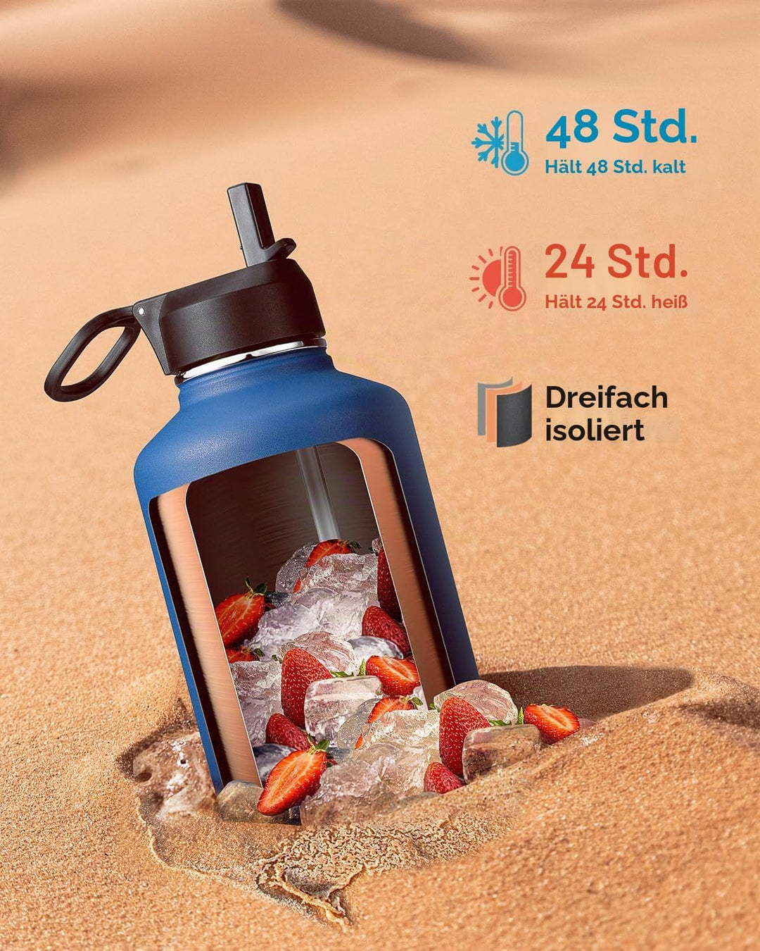 Isolierte Wasserflasche 2L, Coolflask Wasserflasche mit Strohhalm & 3 Deckeln, Isolierte Wasserflasc