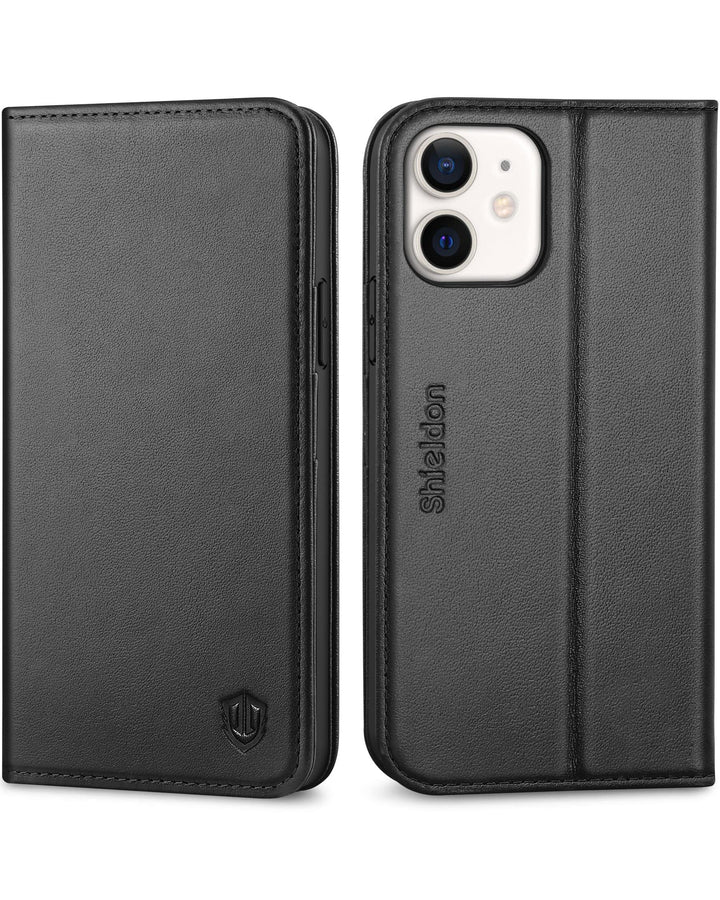 SHIELDON iPhone 12 Hülle, iPhone 12 Pro Handyhülle [Echtleder] [RFID-Sperre] [Kartenfach] [Magnet] [