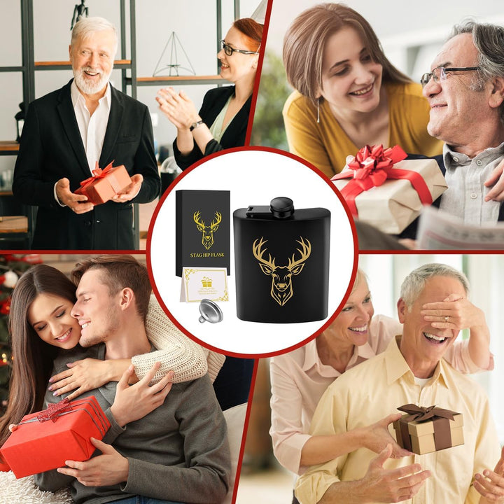 8oz/237ml Edelstahl Flachmann, Taschenflasche, mit Trichter und Grusskarte, Geschenkbox, Goldenes Hi