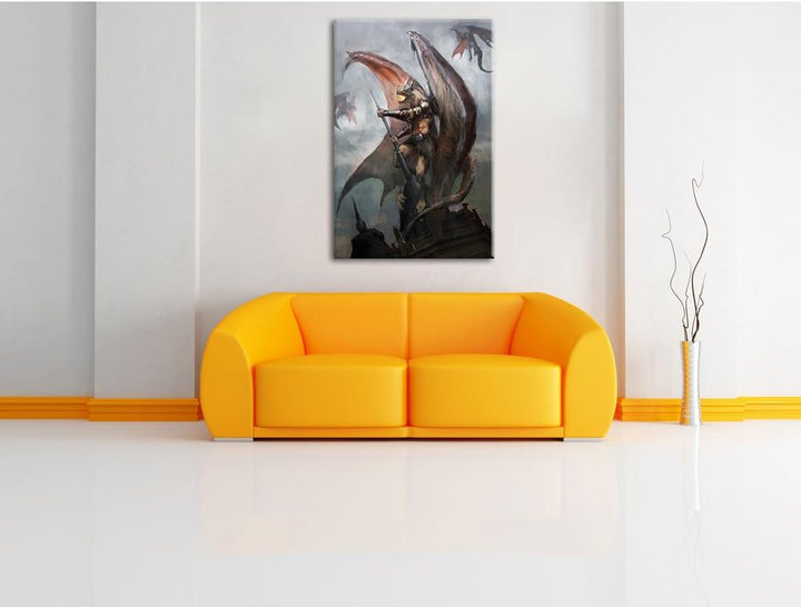 Pixxprint Fiktiver Drachenmann auf der Spitze der Stadt, Format: 100x70 auf Leinwand, XXL riesige Bi