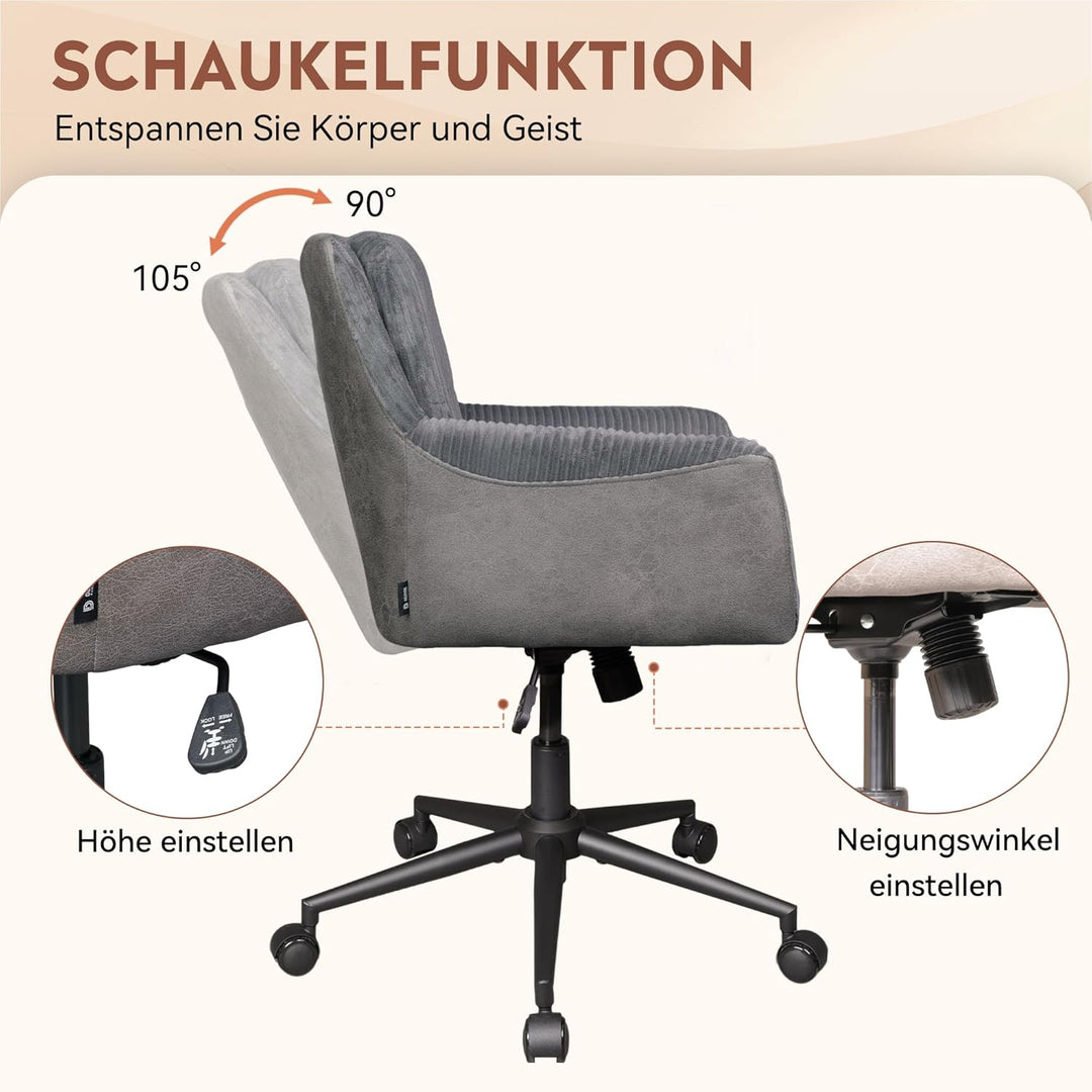 DEVAISE Homeoffice Stuhl Cord Stoff Dunkelgrau, Ergonomischer Schminktischstuhl mit Kissen, höhenver