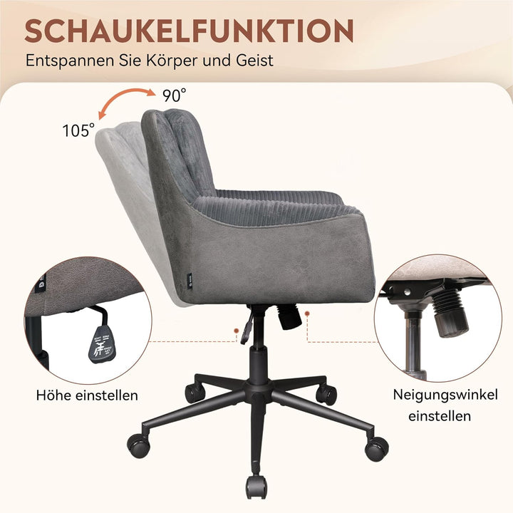 DEVAISE Homeoffice Stuhl Cord Stoff Dunkelgrau, Ergonomischer Schminktischstuhl mit Kissen, höhenver