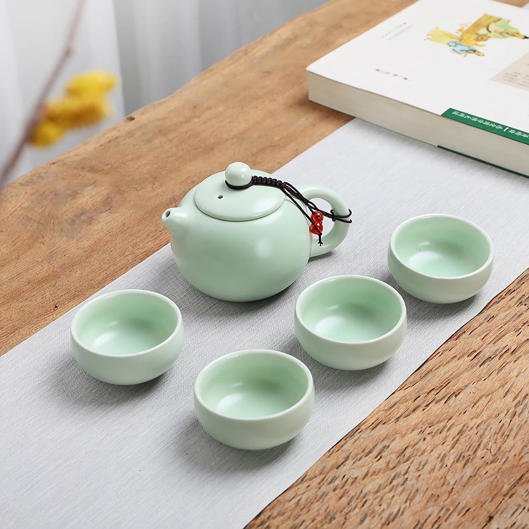 Teekanne Sets, Chinesisches Kungfu Teeservice, Keramik Teekanne mit 4 Tassen und Teedose & Tablett,