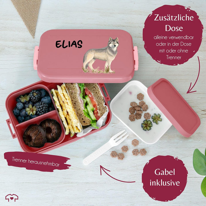 Kinder Bento Box Midi Lunchbox für Mepal Bentobox - Wolf mit Name personalisiert I Wolfsmotiv Gesche