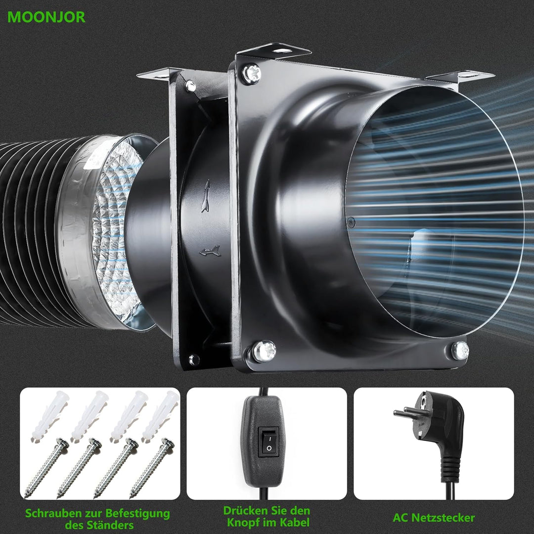 Moonjor 100mm Axial Rohrventilator, 119m³/h Abluftventilator Kanalventilator mit Ein-Aus Schalter fü