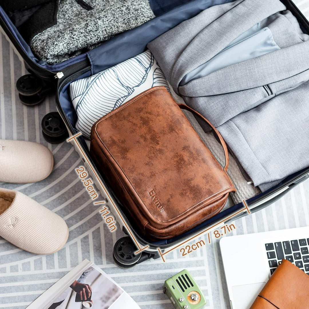 Elviros Kulturbeutel für Herren, Geschenke für Männer aus PU-Leder, kulturtasche zum aufhängen, 3 in