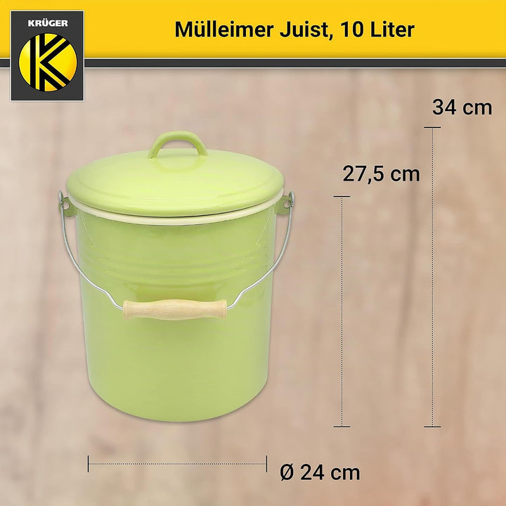 KRÜGER Mülleimer mit Deckel - Stahl Abfalleimer mit Emaille-Beschichtung und Holzgriff - schnitt- un
