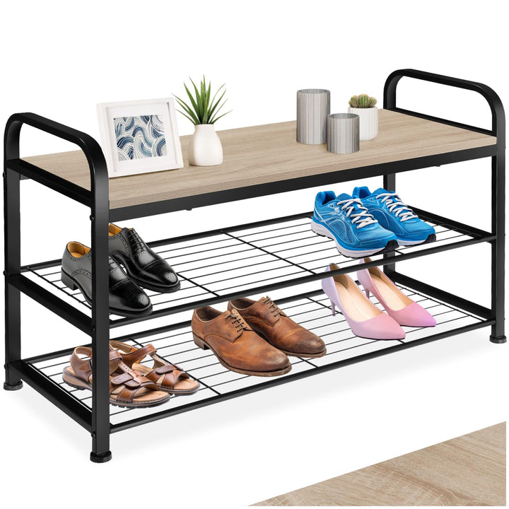 tectake 800951 Schuhregal mit Sitzfläche, Schuhbank aus Holz und Metall, Industrie-Design, 3 Ebenen