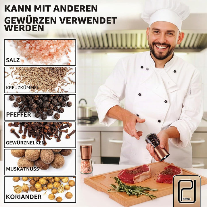 Premium Salz- und Pfeffermühle-Set - Beste kupferfarbige Edelstahl-Mühle, Handliche Magnetdeckel, Ke