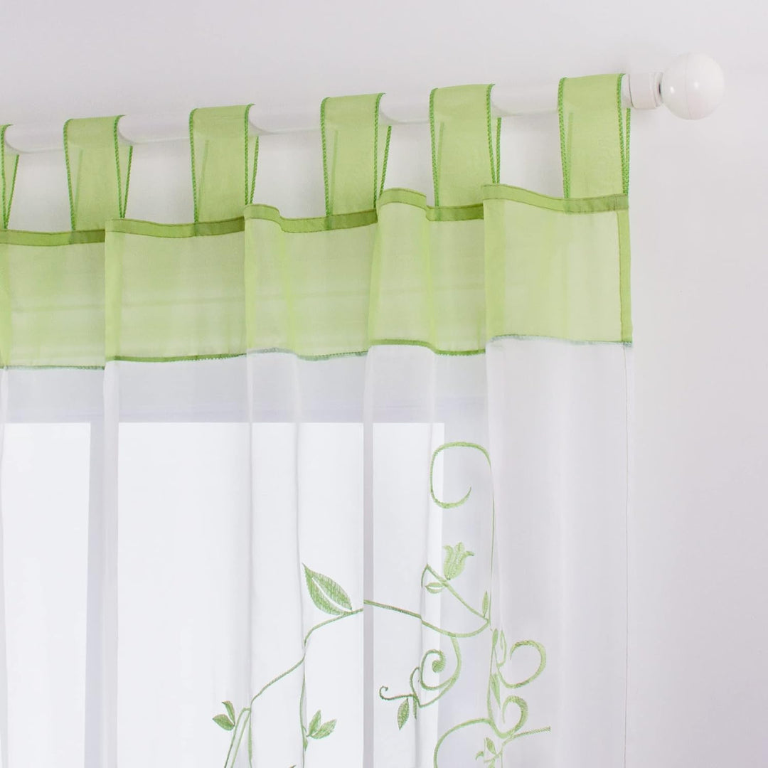 SIMPVALE 2 stücks Vorhänge Gardinen Stickerei mit Laschen für Zimmer Breite 140 cm, Grün, Höhe 145cm