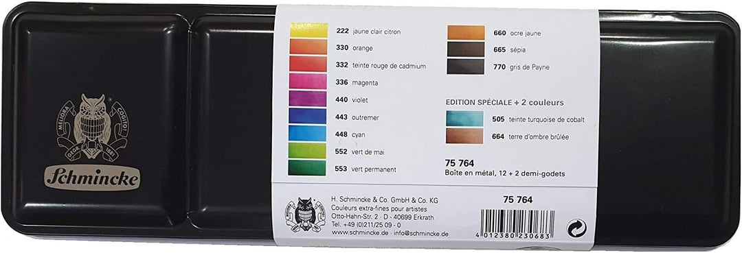 Schmincke Akademie Aquarell Malkasten, Metallkasten, 14 x 1/2 mit Da Vinci XS synthetic brush voyage