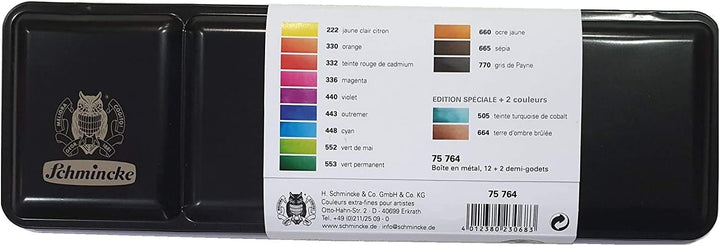 Schmincke Akademie Aquarell Malkasten, Metallkasten, 14 x 1/2 mit Da Vinci XS synthetic brush voyage