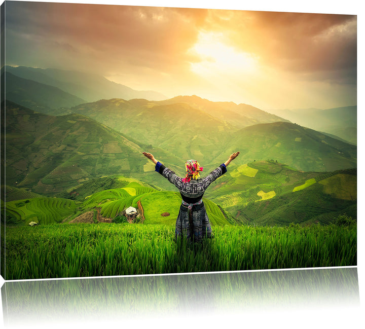 Pixxprint asiatische Berg Farm als Leinwandbild/Grösse: 100x70 cm/Wandbild/Kunstdruck/fertig bespann