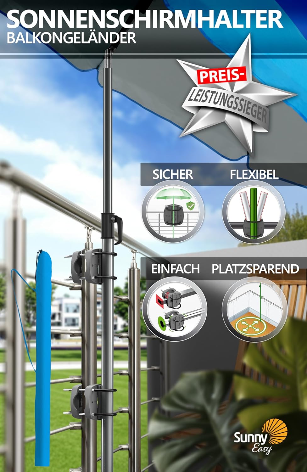 4smile Sonnenschirm Balkon SunnyJoy im 4er-Set - UPF 50+ Balkon Schirm + 2 x Sonnenschirmhalter Balk