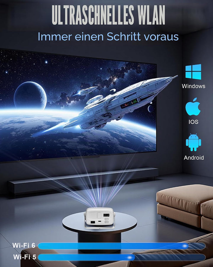 【Offiziell Lizenziertes Netflix &amp; Autofokus】 Mini-Projektor mit WLAN und Bluetooth, 270°-Drehung, ge