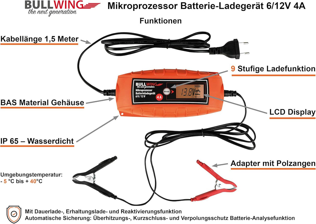 Bullwing Batterieladegerät KFZ Auto Motorrad Mikroprozessor 6/12V 4A Vollautomatisches Batterie Lade