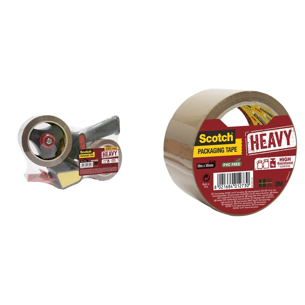 3M Scotch Abroller für Paketklebeband + 2 Rollen Scotch Hochwertiges Klebeband, 50 mm x 66 m, Braun