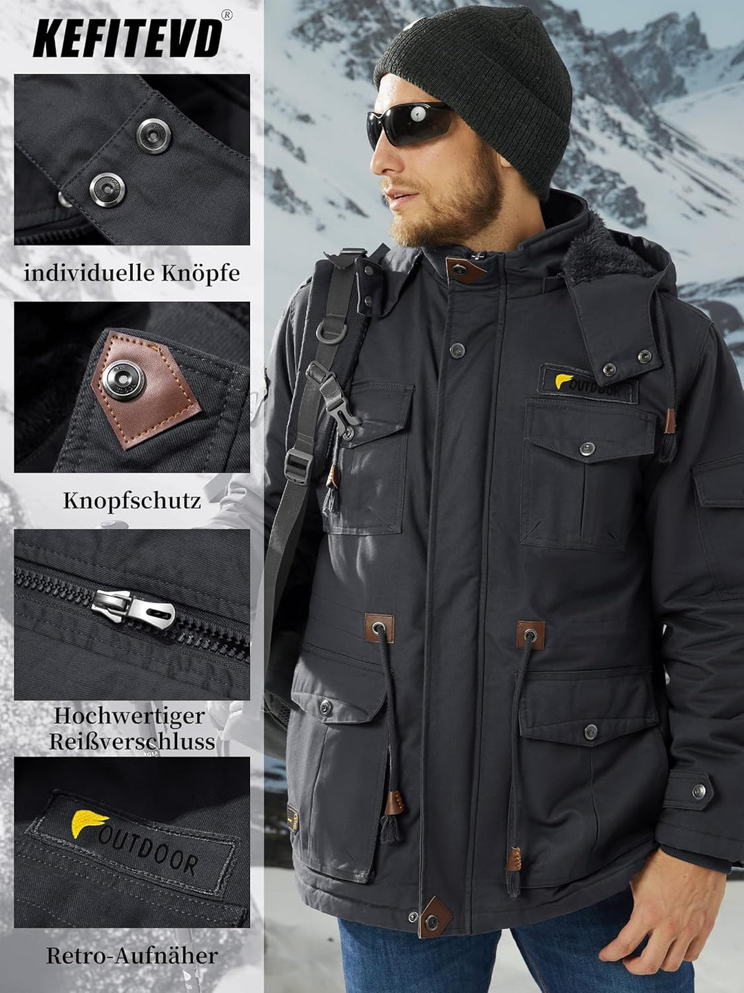 KEFITEVD Winterparka Herren Fleece Gefüttert Winterjacke mit Viele Taschen Kapuze Warm Winter Mantel