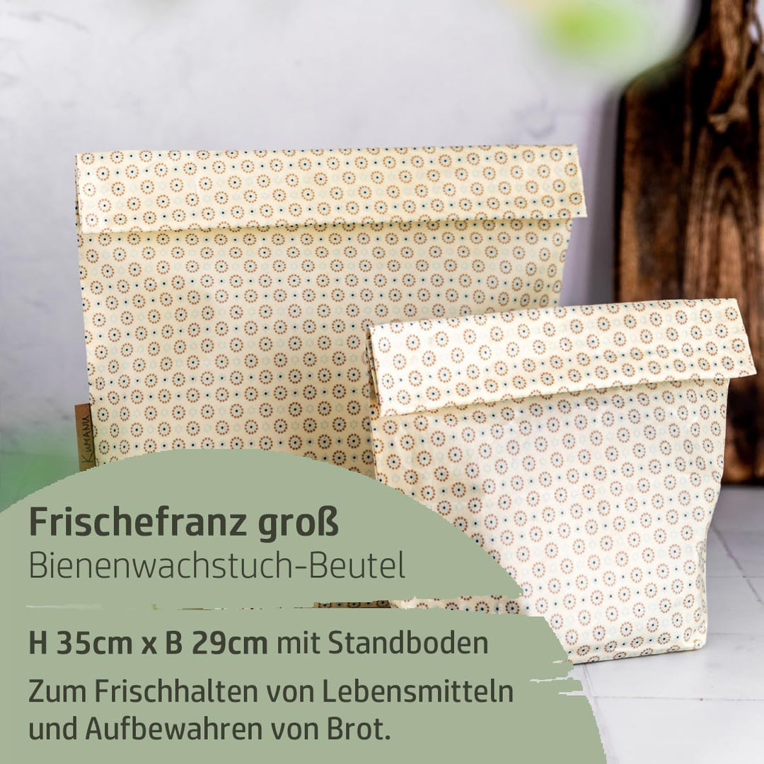 Kumanu | Bio-Bienenwachstuch - Beutel FRISCHEFRANZ gross 35x29cm | handgemacht in Tirol | mit Standb