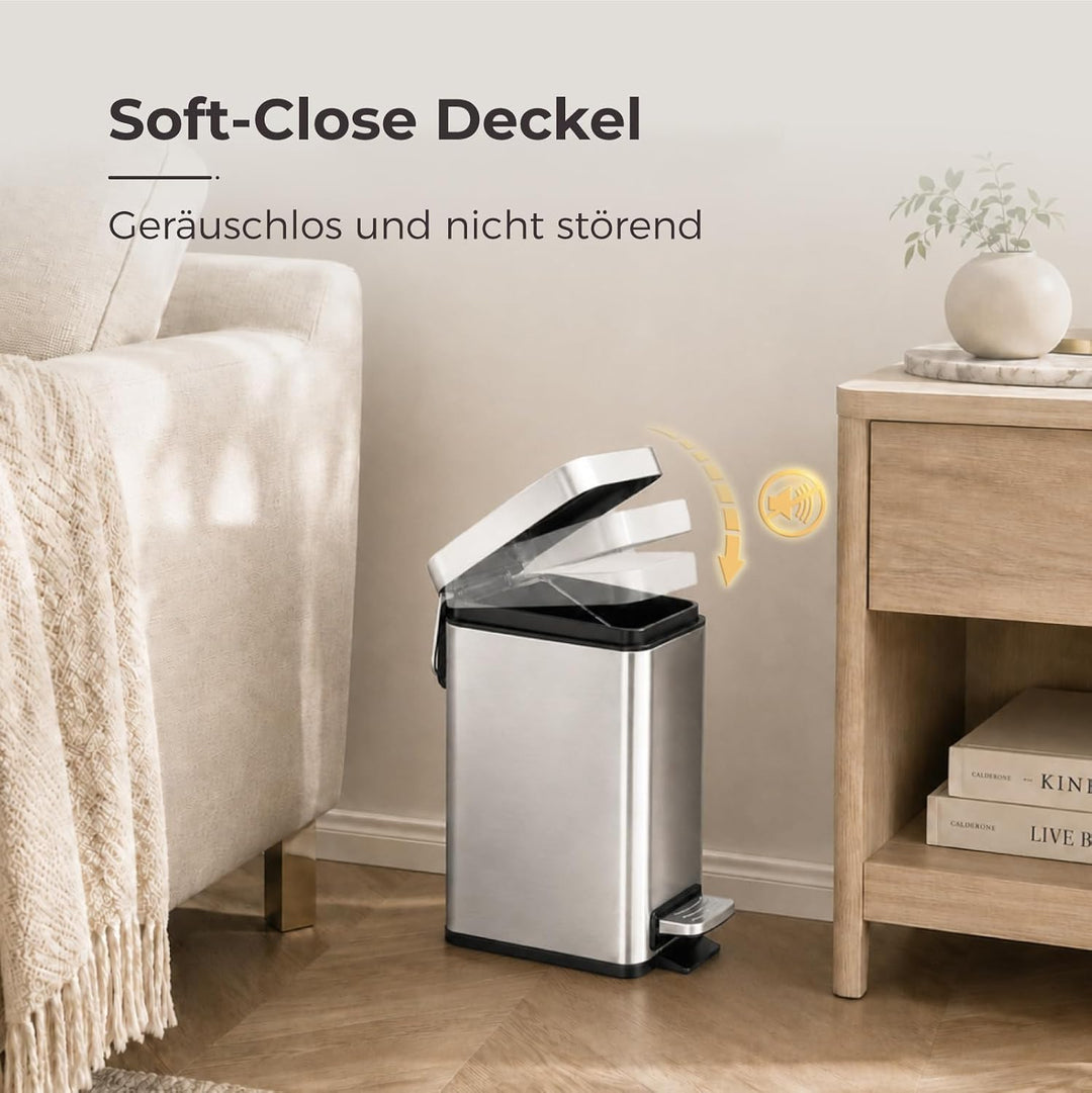 Schwarzer Badezimmer-Mülleimer mit Soft-Close-Deckel, 5 Liter Treteimer aus Edelstahl mit herausnehm