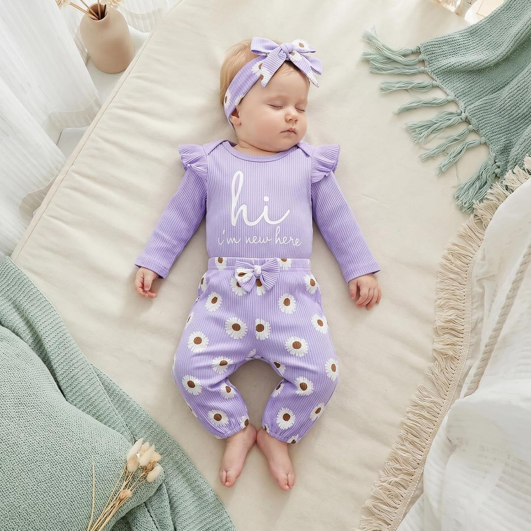 Baby Mädchen Winter Kleidung Set | Neugeborene 3tlg Outfit,Langarm Rüchen Body Tops + Gänseblümen Ho