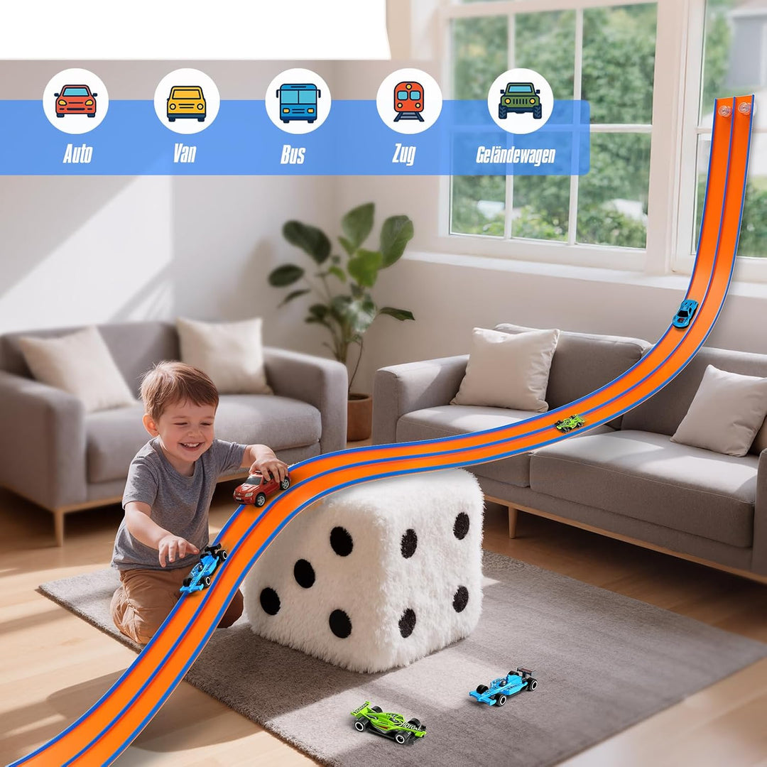 Hot Bee 4,5M Autorennbahn Spielzeug aus Silikon mit Saugnapf, Flexible Rennstrecke für Kinder ab 3 J