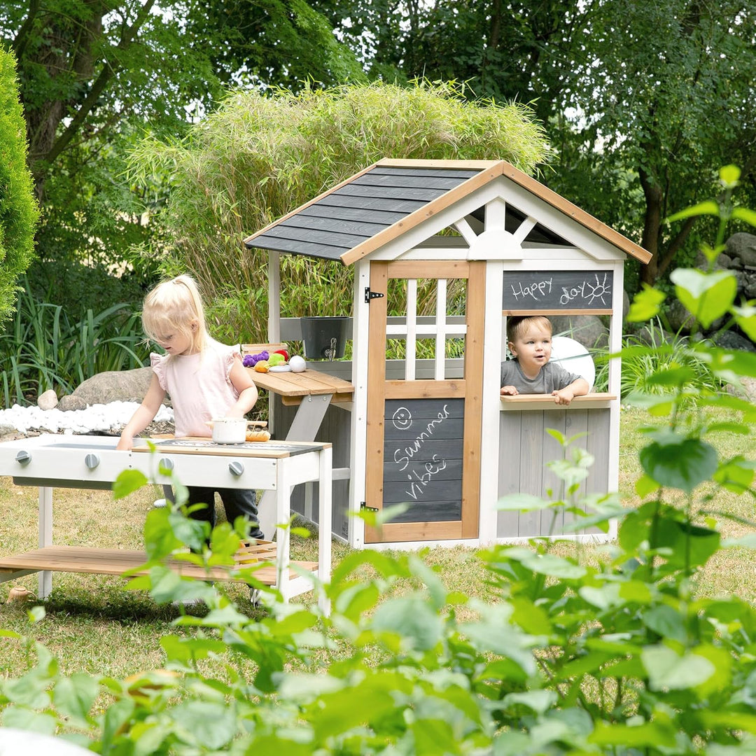 roba Spielküchenerweiterung für Spielhaus - Outdoor-Kinderküche weiss-braun mit BBQ- und Kochplatten