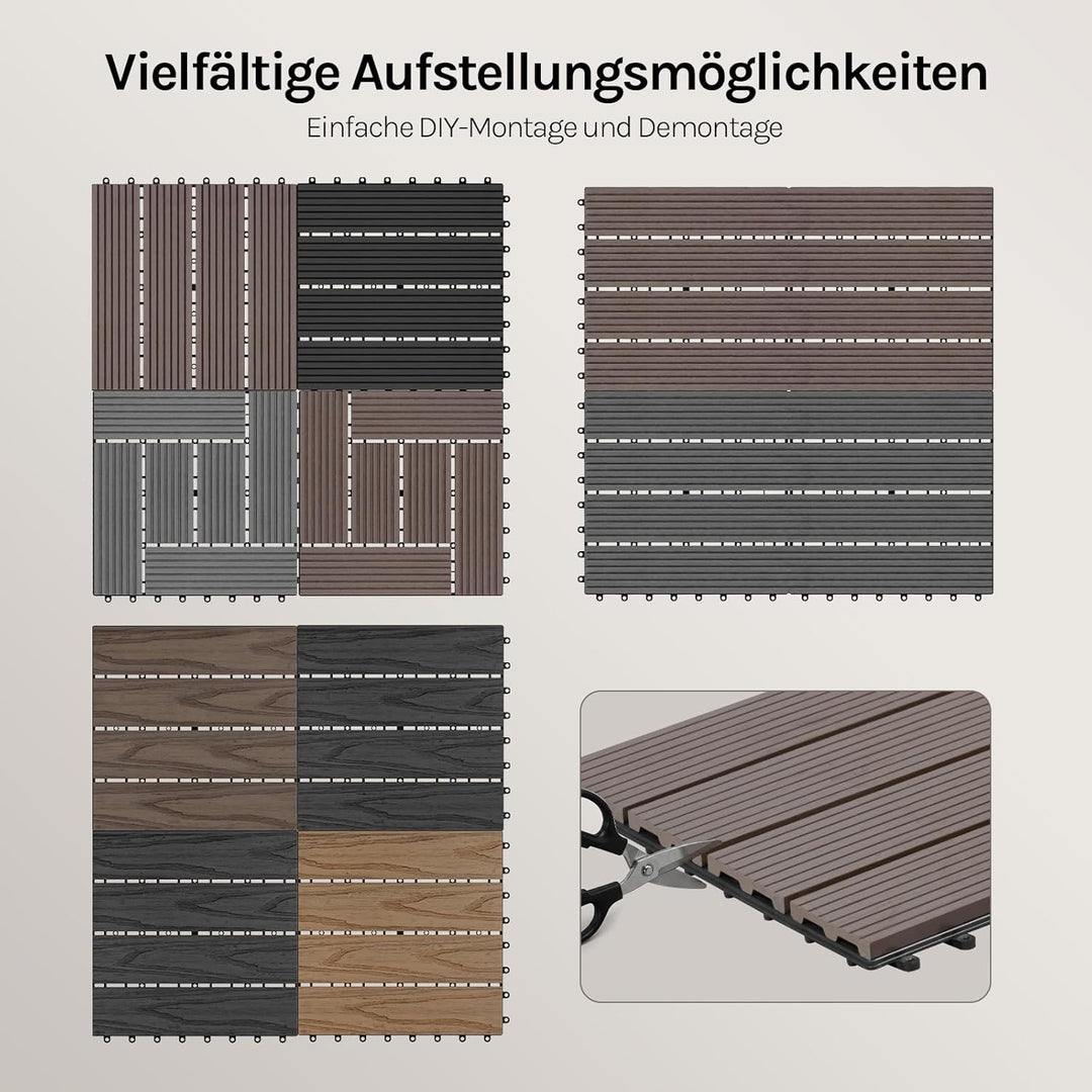 WOLTU WPC Fliese, Terrassenfliesen Holz-Optik, Bodenbelag mit Klicksystem, 30 x 60 cm, Braun (12 Stü