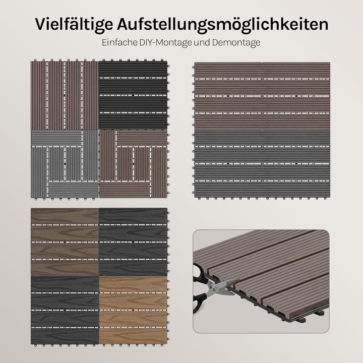 WOLTU WPC Fliese, Terrassenfliesen Holz-Optik, Bodenbelag mit Klicksystem, 30 x 60 cm, Braun (12 Stü