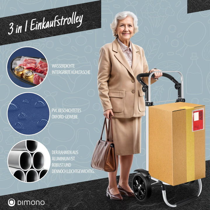 Dimono® Einkaufstrolley Rolltex Klappbarer 3 in1 Trolley zum Einkaufen; 56 Liter inkl. Kühlfach; Tra